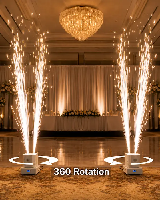 Two 360-degree spinning cold spark machines at a Miami event