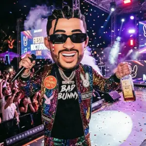 Bad Bunny-inspired big head character dancing with guests during Hora Loca in Miami