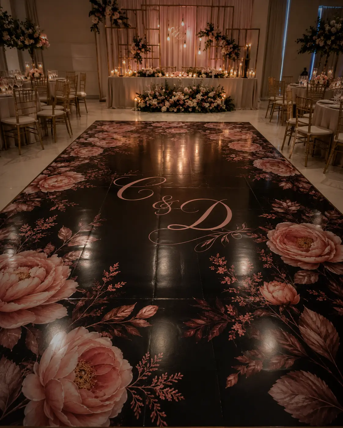 Black vinyl dance floor wrap decorated with blush flowers and a custom wedding monogram in Broward County