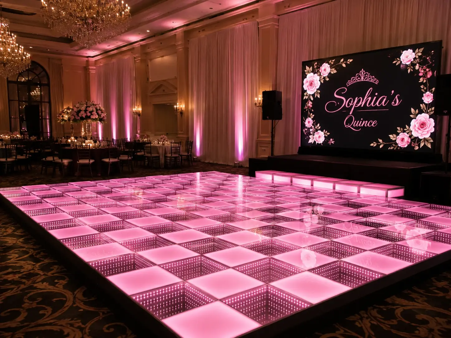Infinity LED dance floor paired with an LED screen, stage and illuminated risers