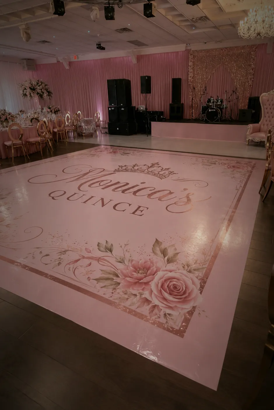 Luxury custom vinyl dance floor wrap designed to coordinate with a wedding in West Palm Beach