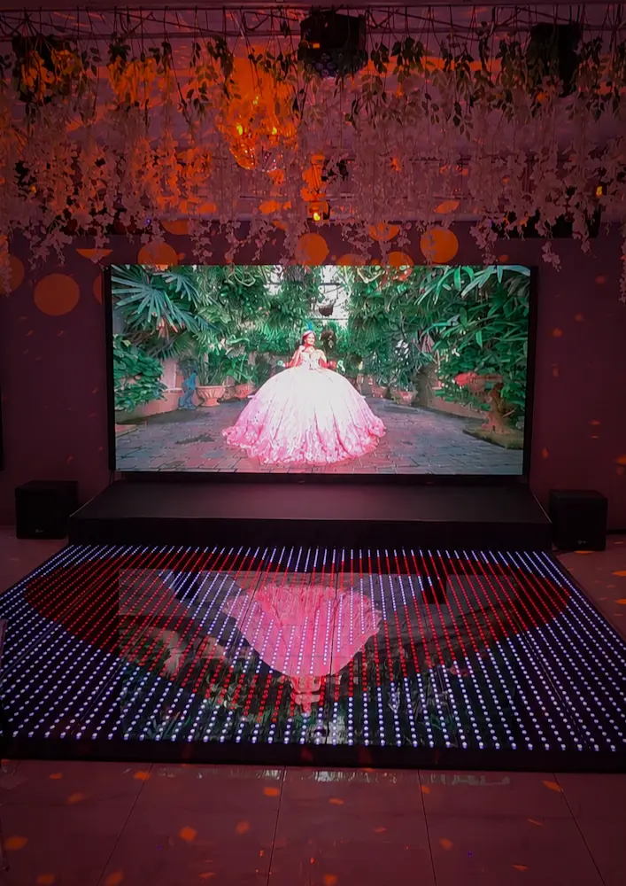 High-resolution LED screen displaying a custom wedding design at a Miami venue