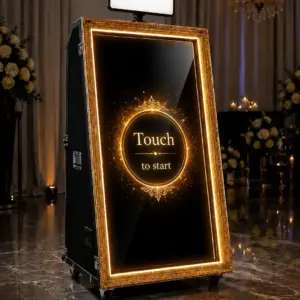 Luxury Magic Mirror Photo Booth rental for weddings in Miami with unlimited prints and custom layouts.