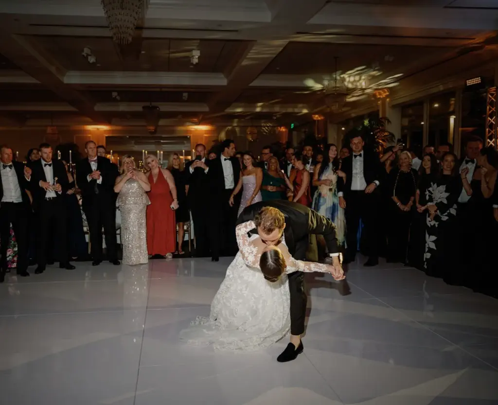 Luxury white wedding dance floor with a matching runway for a grand entrance.