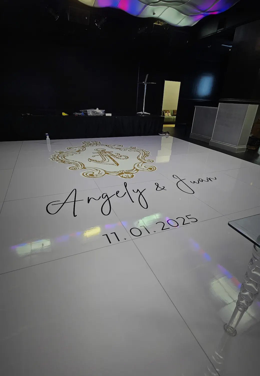 Premium glossy white dance floor for weddings, galas, and corporate events in Miami.