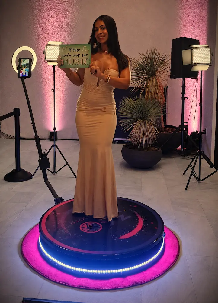 Premium 360 Photo Booth with LED event lighting at an outdoor quinceañera in Kendall Miami