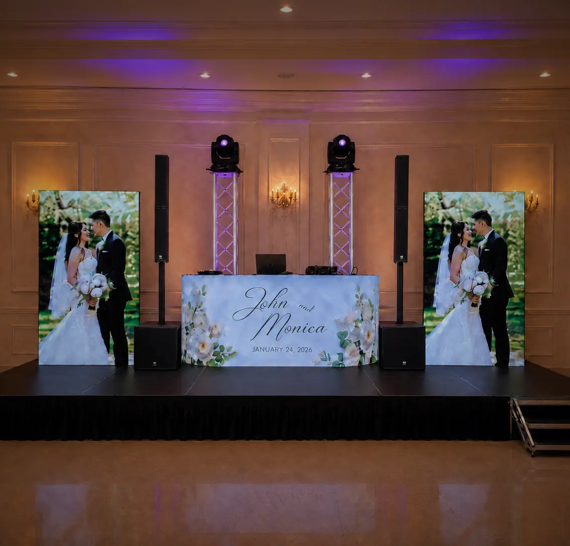 Complete wedding stage with LED DJ screen and two vertical LED screens in Miami