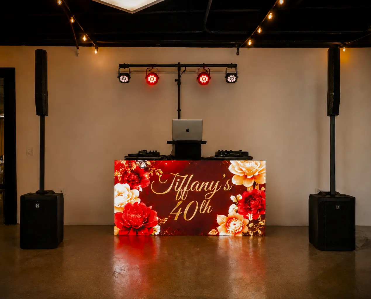 Professional DJ setup with party lighting and LED DJ Screen Booth for a South Florida birthday party