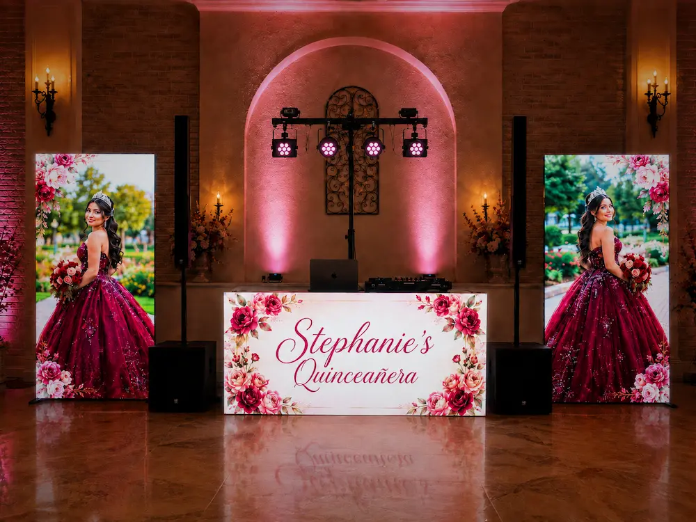 Quinceañera party with LED DJ booth and two portrait LED screens in South Florida