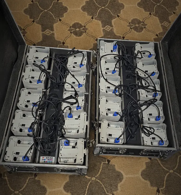 Professional battery-powered wireless LED uplights prepared for a Parkland wedding