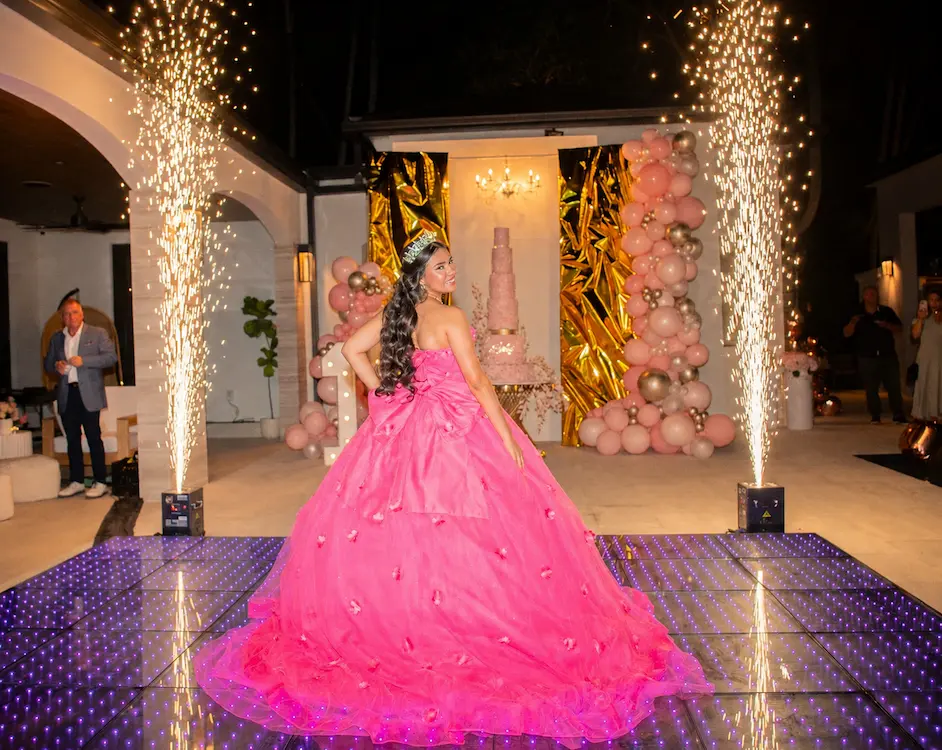 Miami quinceañera with a Pixel LED dance floor, Cold Sparks and 360 video booth in Kendall