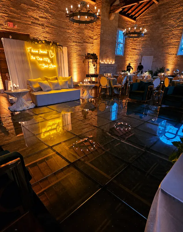 Pixel LED dance floor installed but turned off with wireless uplights at Coral Gables wedding