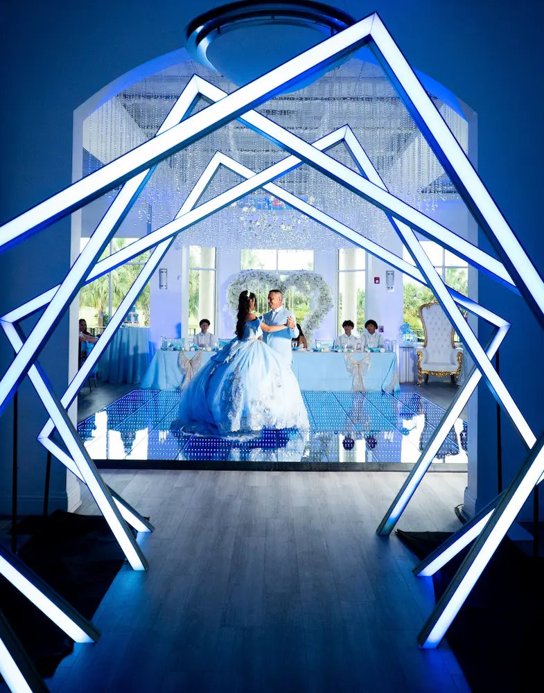 Four LED tunnel frames at a Cinderella themed Quinceañera in Royal Palm Beach