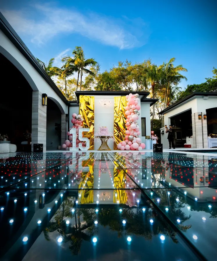 16 by 16 Pixel LED dance floor installed outdoors next to a pool for a quinceañera in Kendall Miami