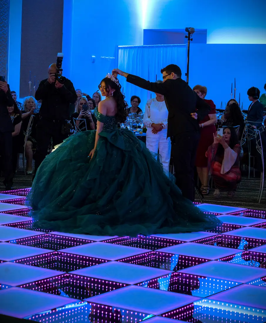 Blue and purple quinceañera at Illuminate Event Venue in Sunrise with an Infinity LED dance floor