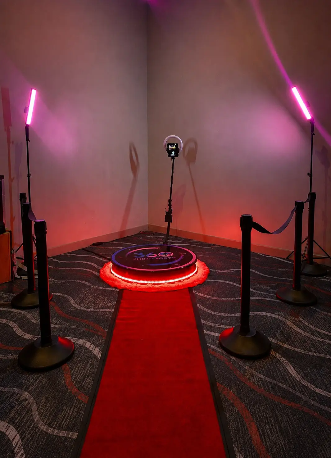360 video booth with red carpet and event lighting at a Coral Springs Bat Mitzvah