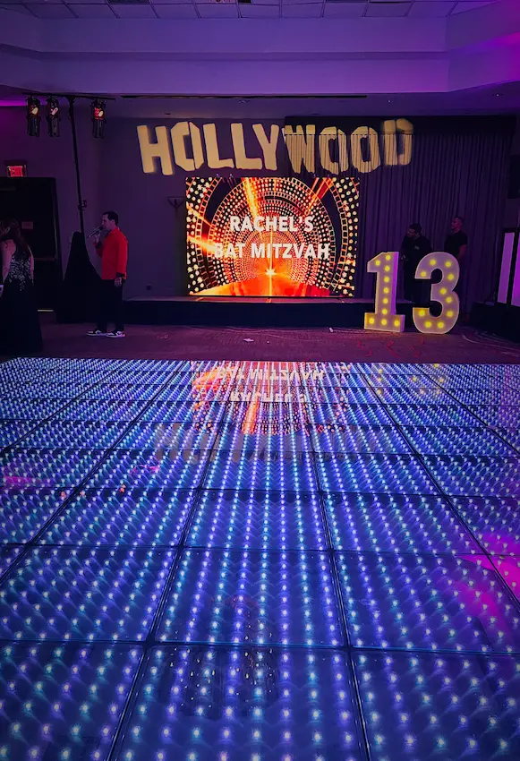 20 by 20 Pixel LED light-up dance floor with custom Bat Mitzvah screen in Coral Springs