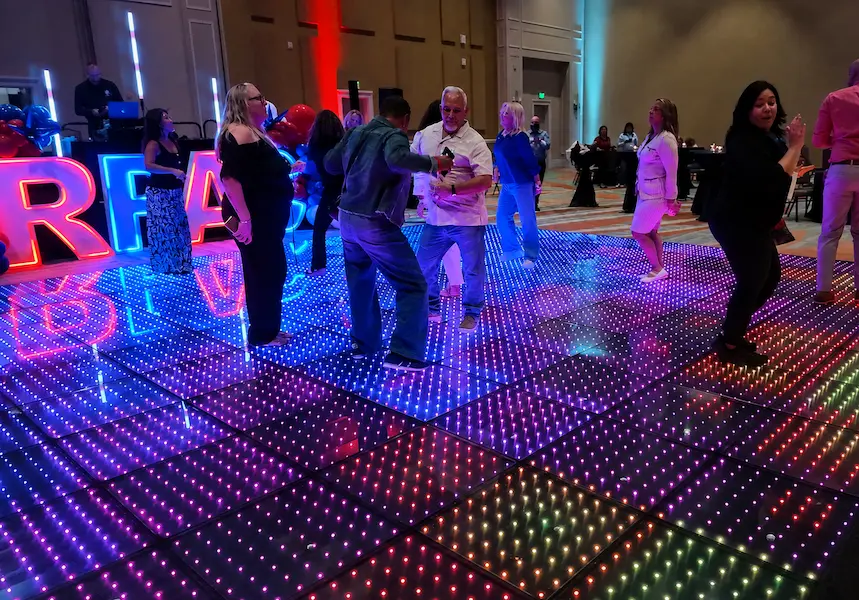 Custom Pixel LED dance floor displaying Florida Realtors event branding in Orlando