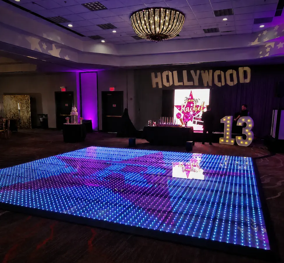 Pixel LED dance floor and custom LED video wall at a Bat Mitzvah in Coral Springs Florida