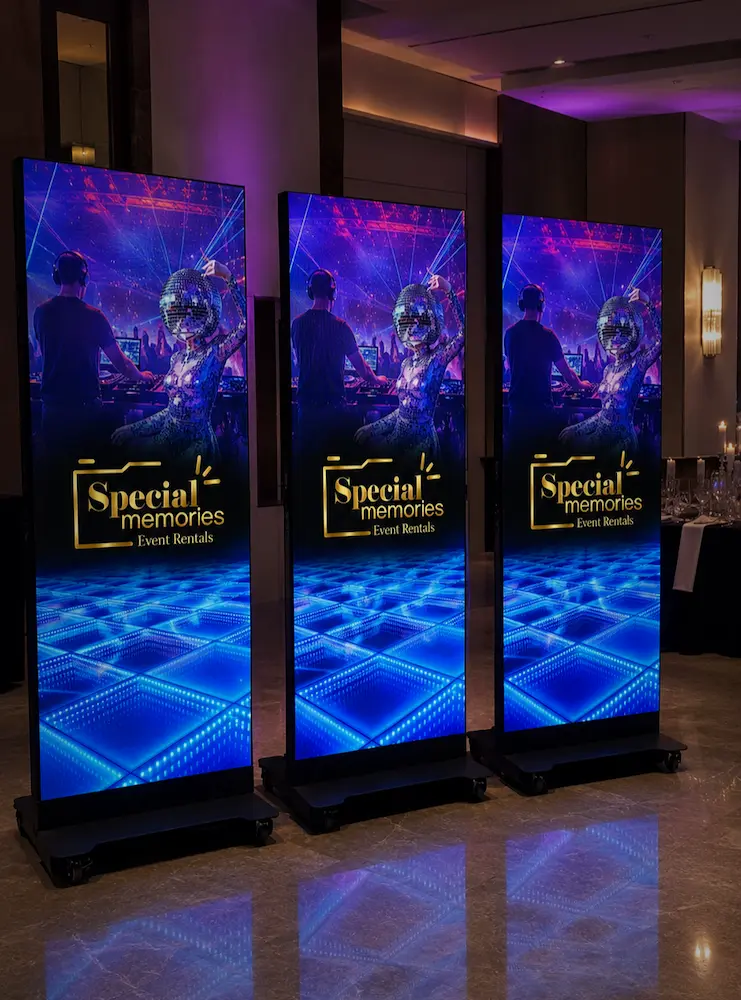 Three slim LED poster displays showing corporate branding