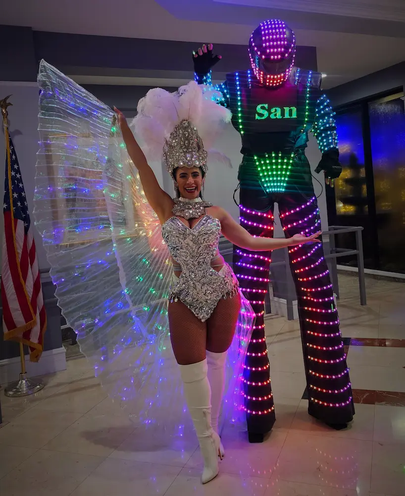 LED Robot and professional female dancer posing together at a Boca Raton quinceañera