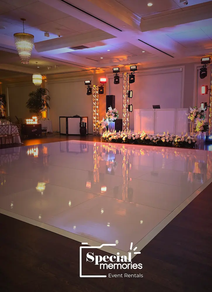 Clean glossy white wedding dance floor set before guests arrived at a Jupiter Palm Beach County reception