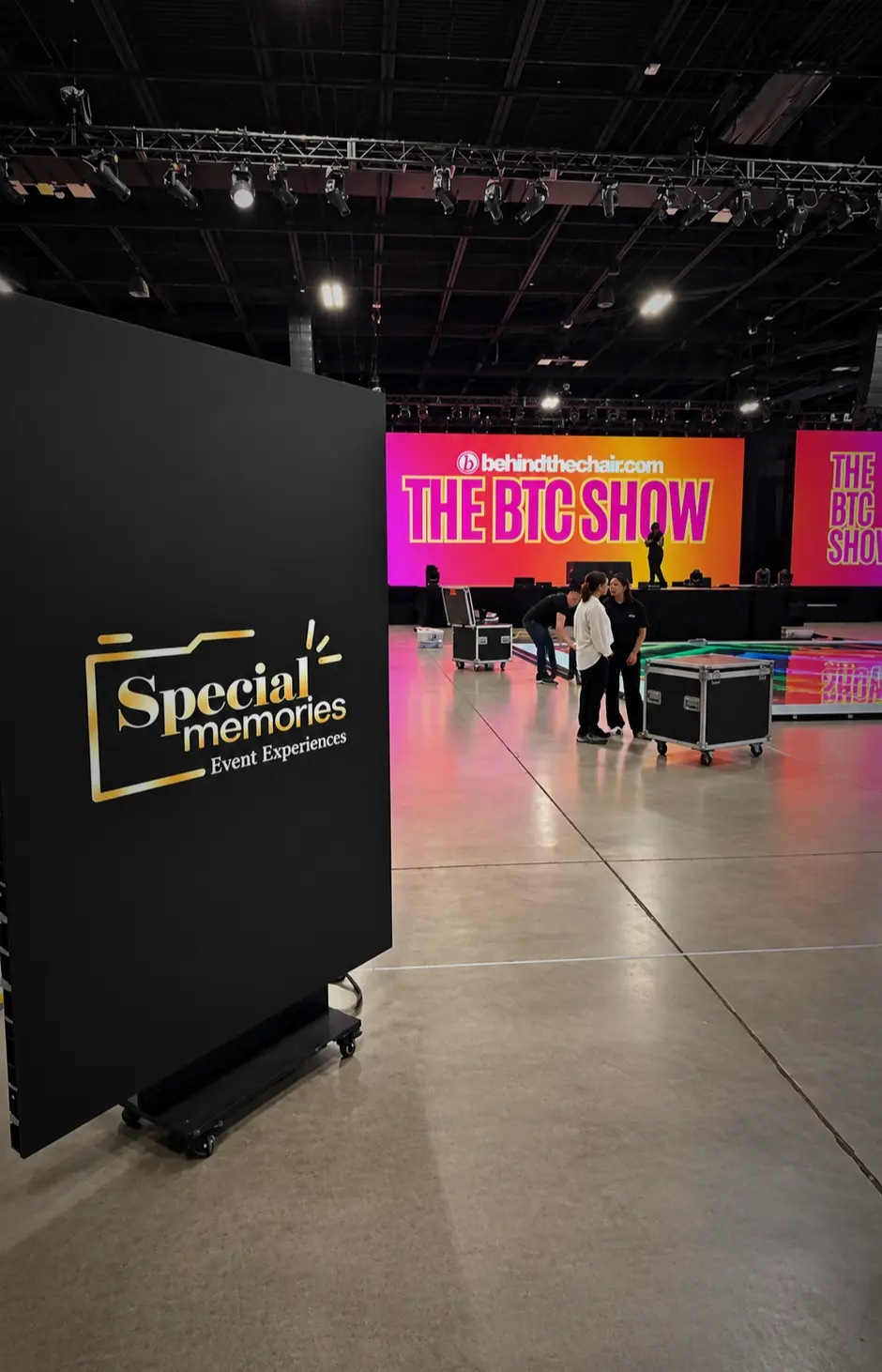 Vertical LED screen showing the Special Memories FL logo during setup at The BTC Show